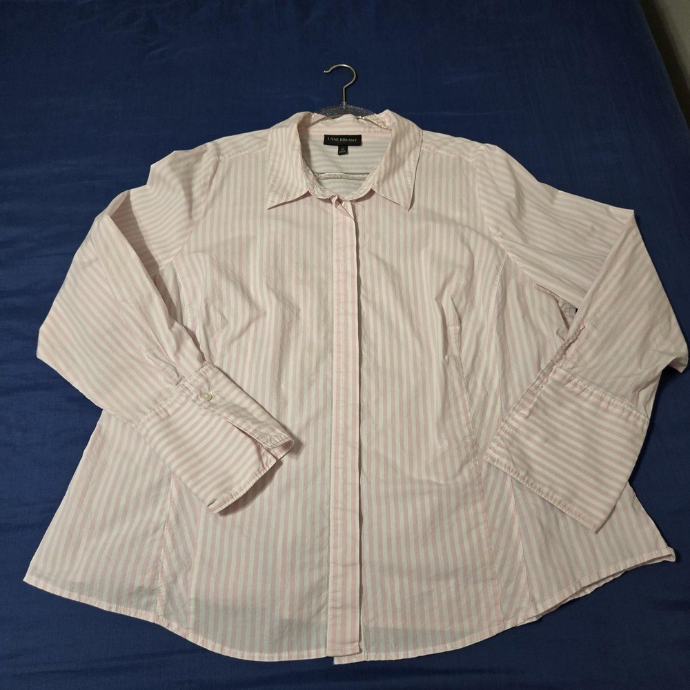 Lane Bryant Shirt Womens 24 Pink White Striped Cotton Stretch Button Up Top